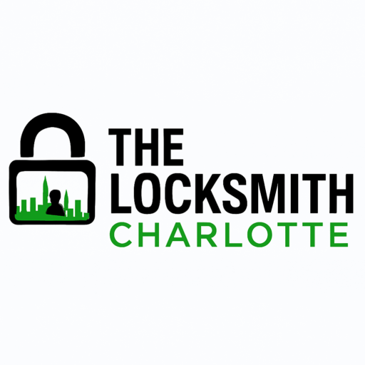 Logo of The Locksmith Charlotte featuring a padlock silhouette with a city skyline and the text "The Locksmith" and "Charlotte" in bold, emphasizing automotive locksmith services.