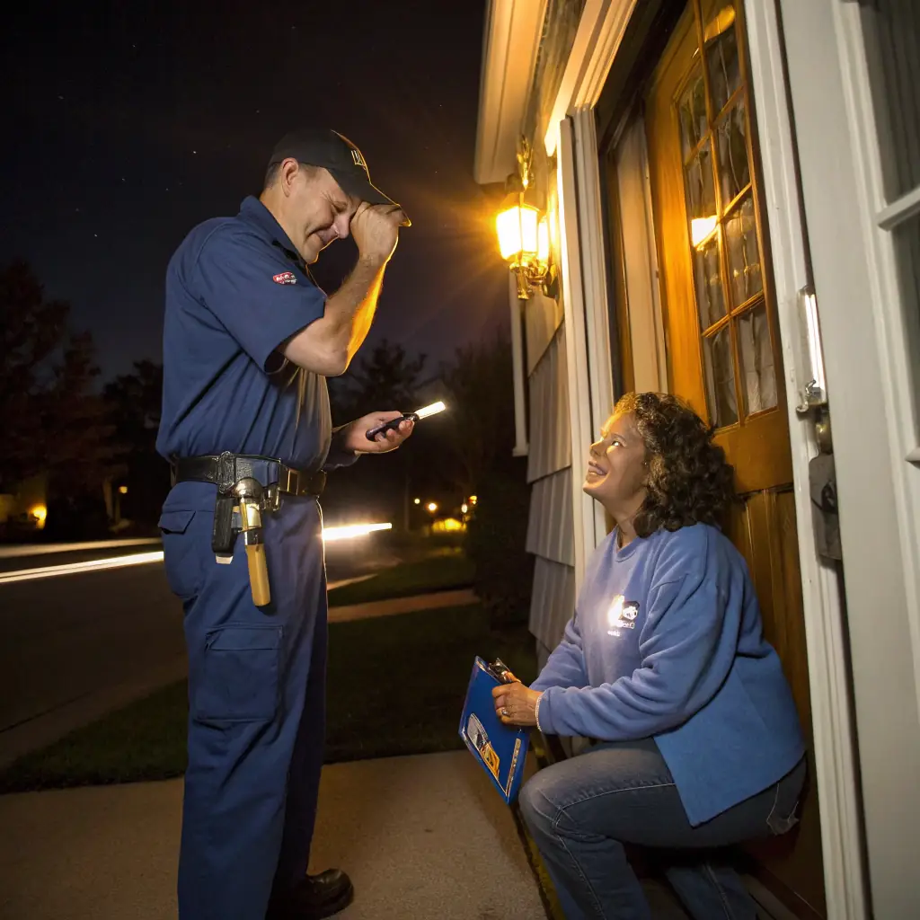 Locksmith assisting a customer at night, smiling and holding a flashlight, with a clipboard in hand, outside a residential door, emphasizing prompt service and customer support.