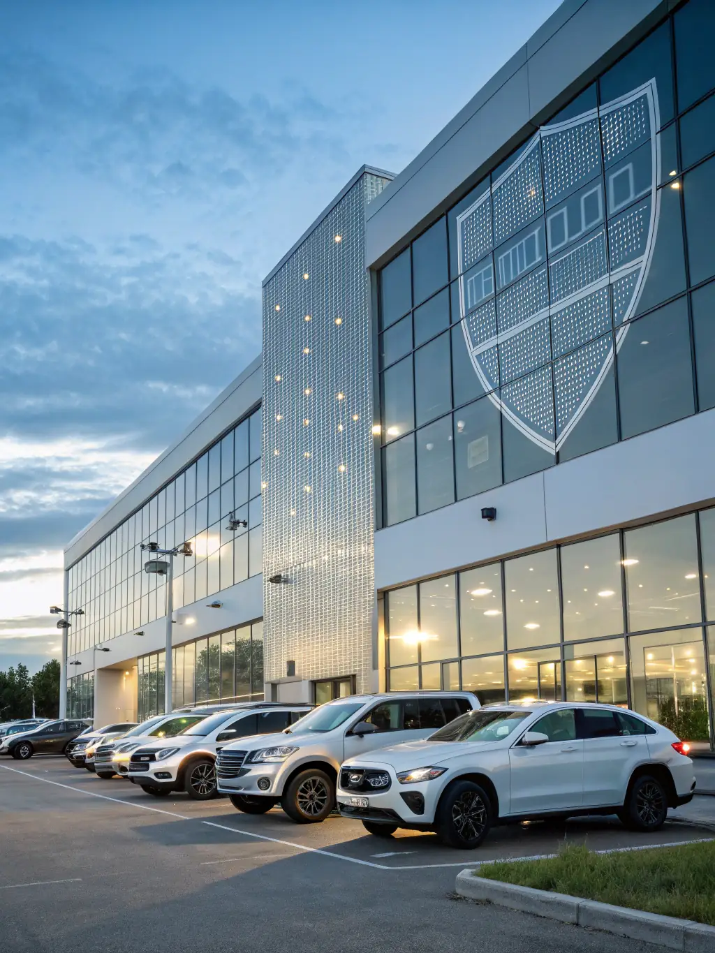 A well-lit office building exterior at dusk, emphasizing security with visible security cameras and a modern locking system on the main entrance door. The image should convey a sense of safety and professionalism.