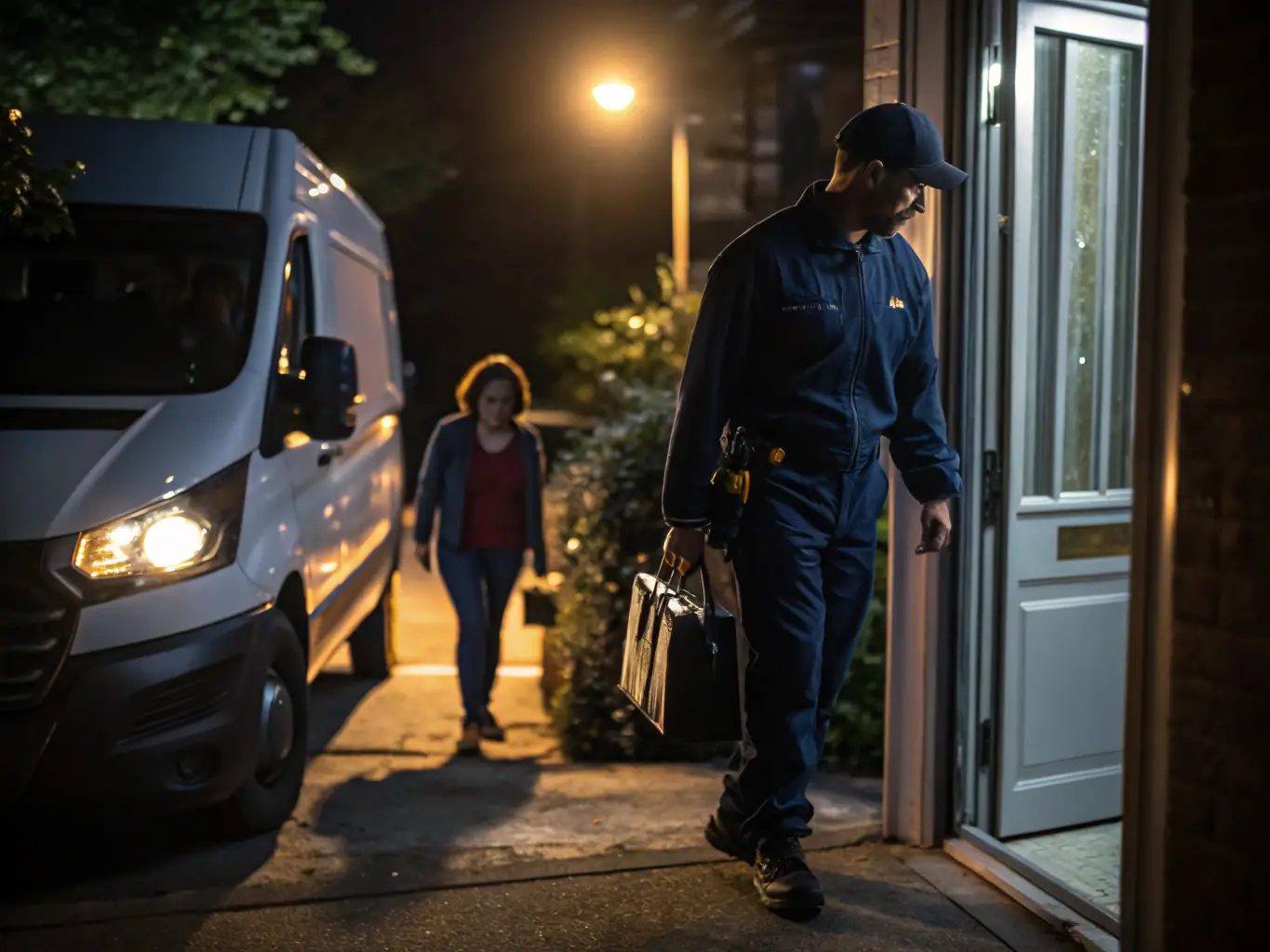 Emergency locksmith arriving at a home at night, carrying a toolbox, with a woman walking towards the door and a service van parked nearby.