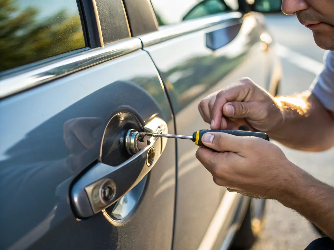 Man using a screwdriver to unlock a car door, illustrating emergency locksmith services for lockouts and broken keys.