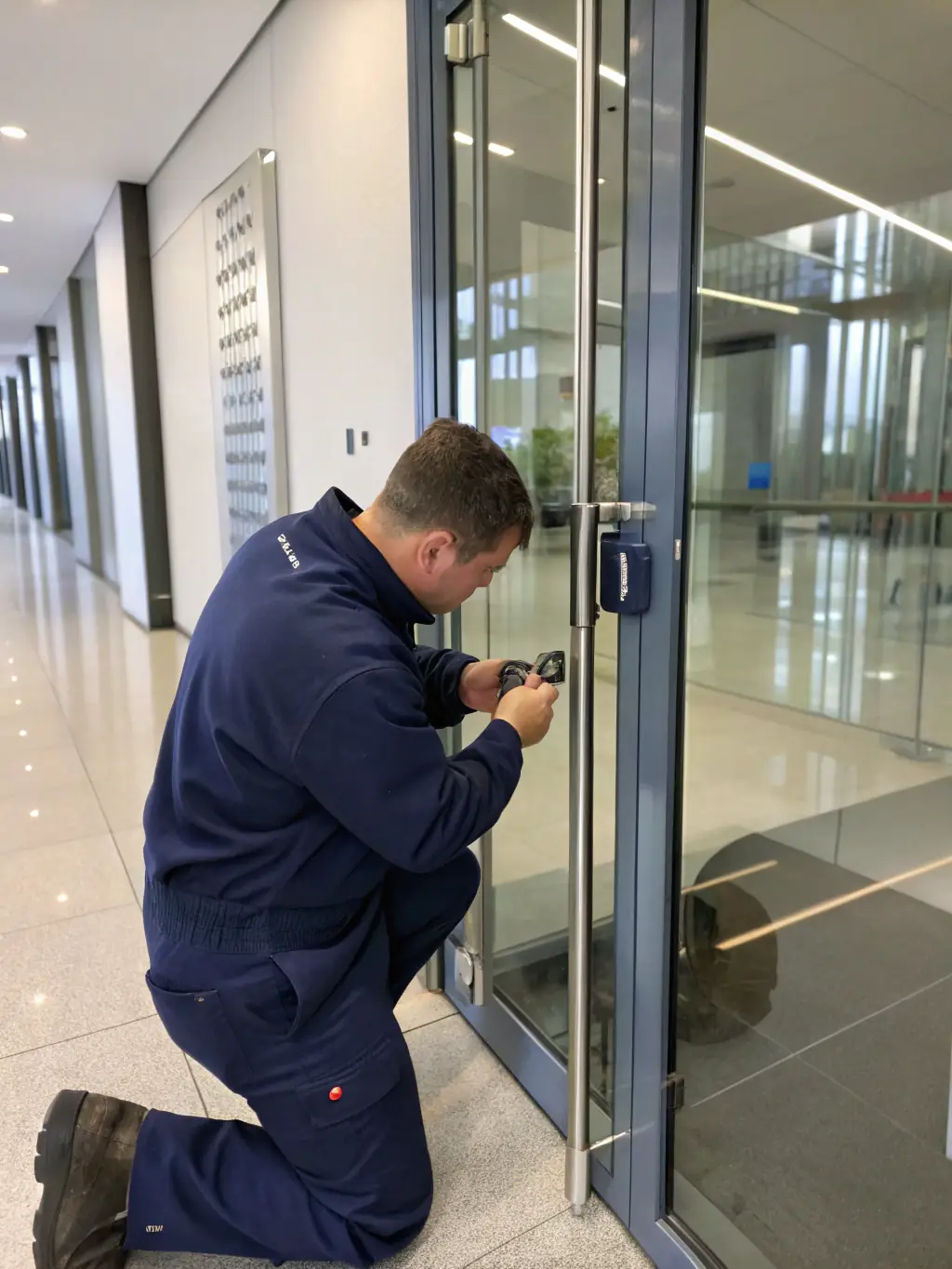 A panic bar being installed on an exit door of a commercial building, emphasizing safety and compliance with fire codes.