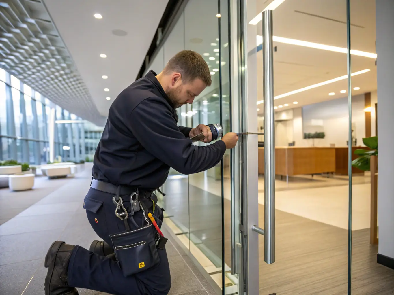 Locksmith technician kneeling and repairing a glass door lock in a modern office setting, emphasizing emergency lock repair services.