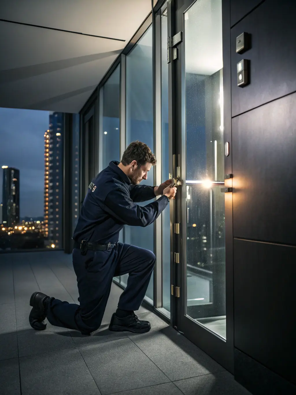 A locksmith installing a high-security lock on a commercial building door, showcasing the precision and expertise involved in the process.