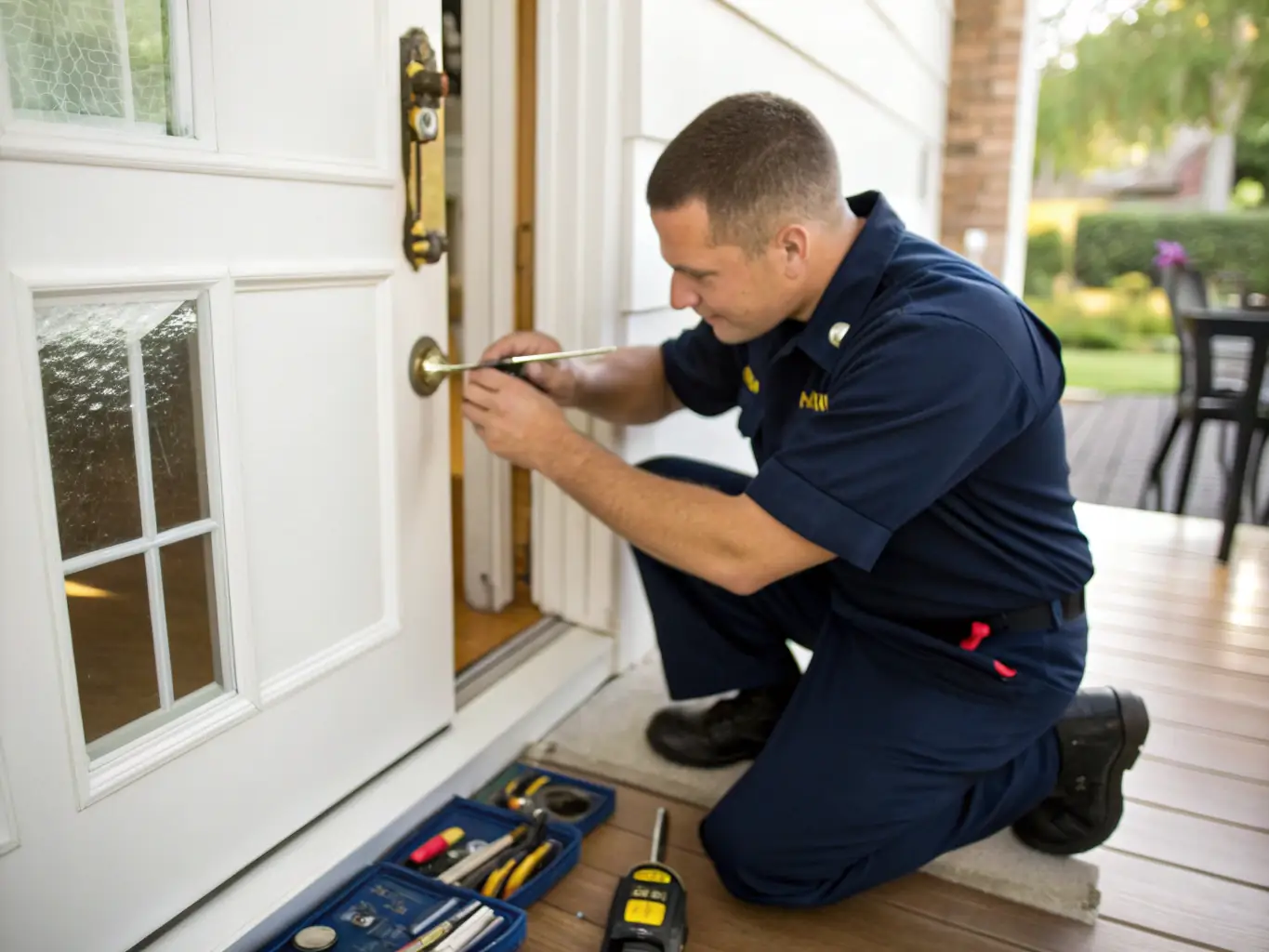 A close-up of a locksmith replacing a worn-out deadbolt lock with a brand new, high-security lock on a residential door.