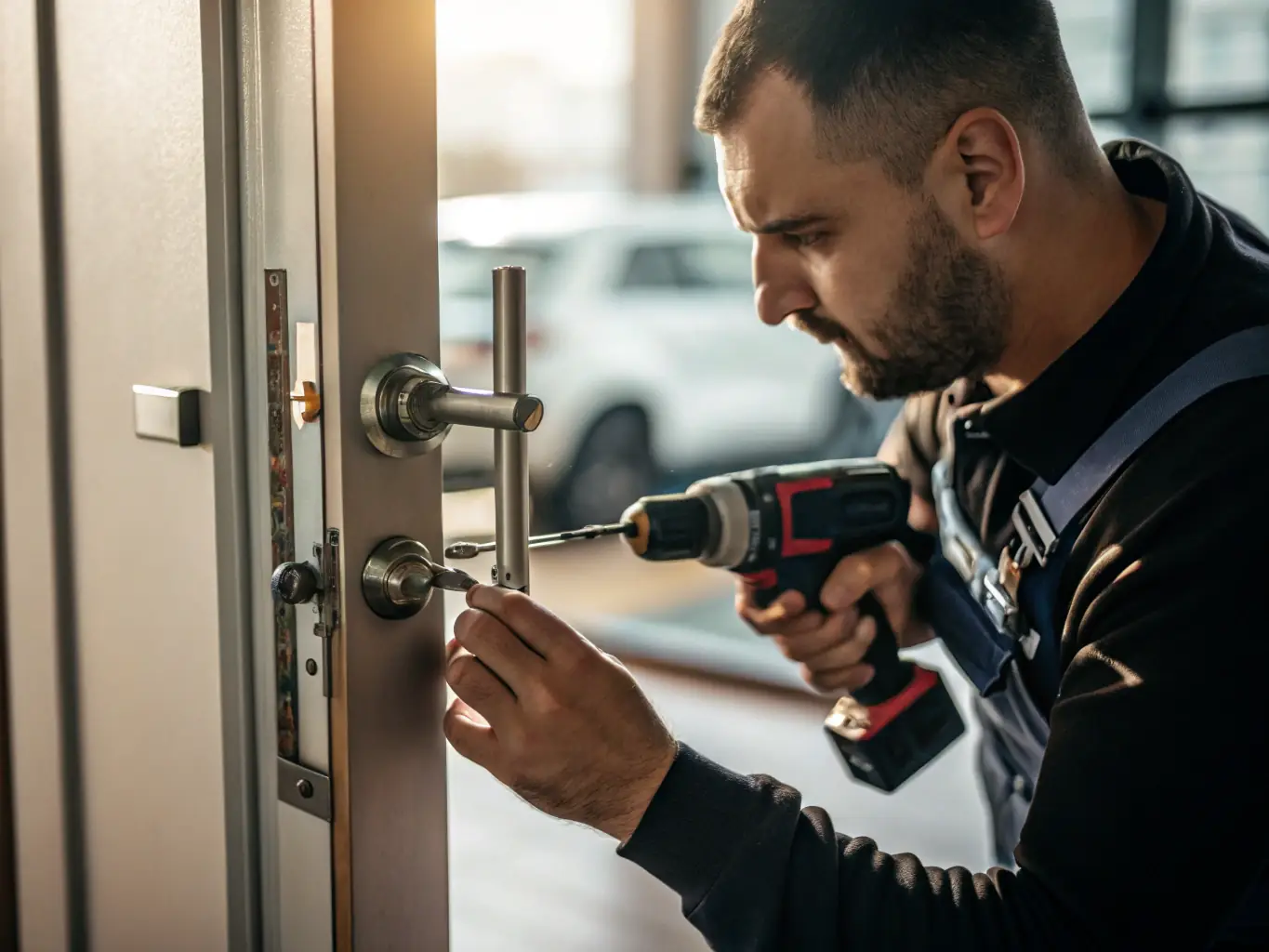 A locksmith carefully rekeying a cylinder lock, demonstrating the process of changing the internal configuration to work with a new key.